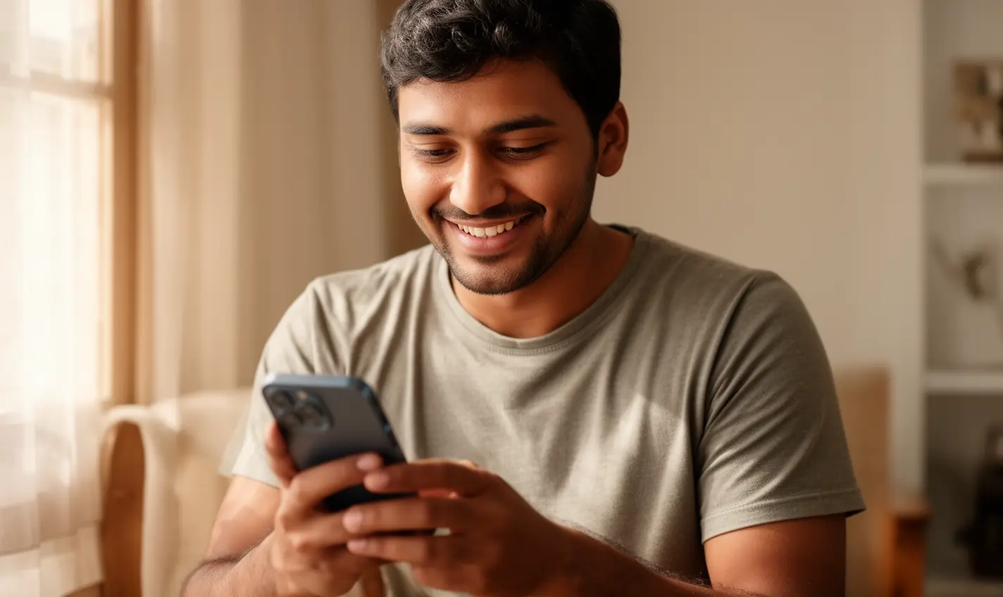Confident Bangladeshi man smiling while browsing casino games on the 82BD mobile app in a bright home environment