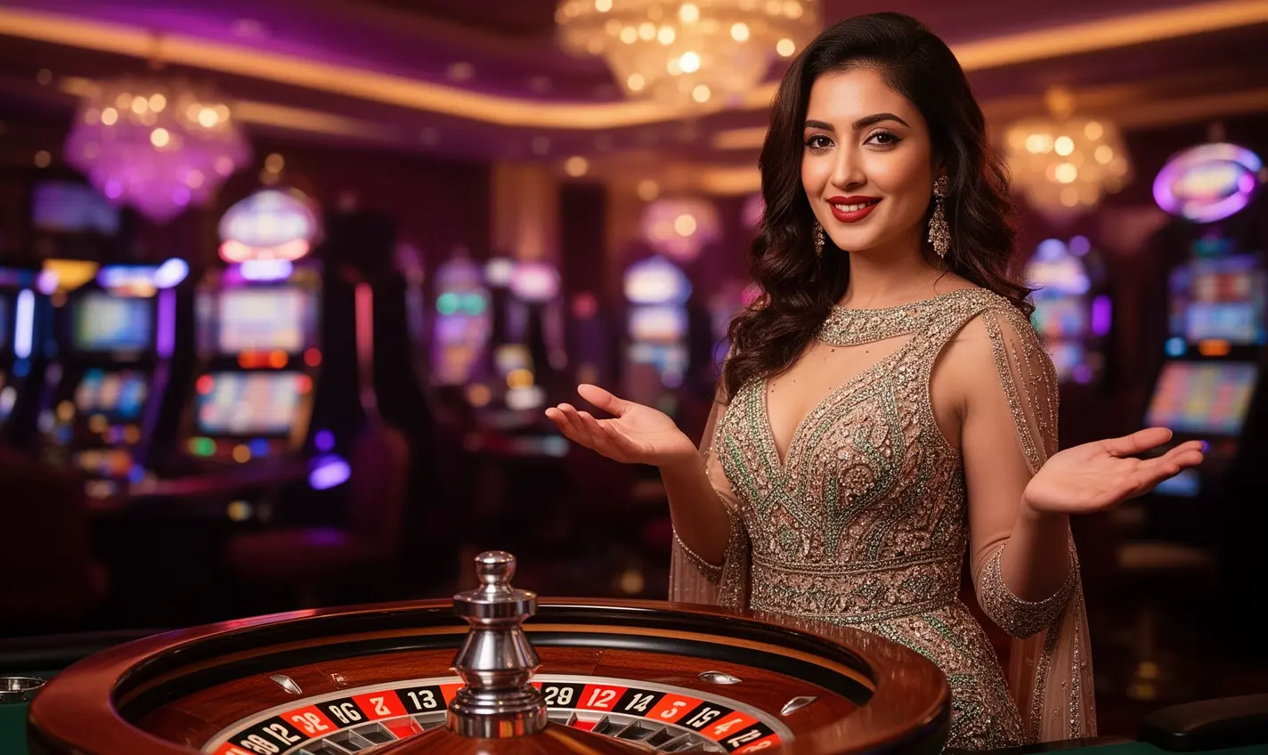 Elegant live casino hostess presenting a roulette table in a luxury studio atmosphere highlighting the immersive live gaming experience at 82BD for players in Bangladesh
