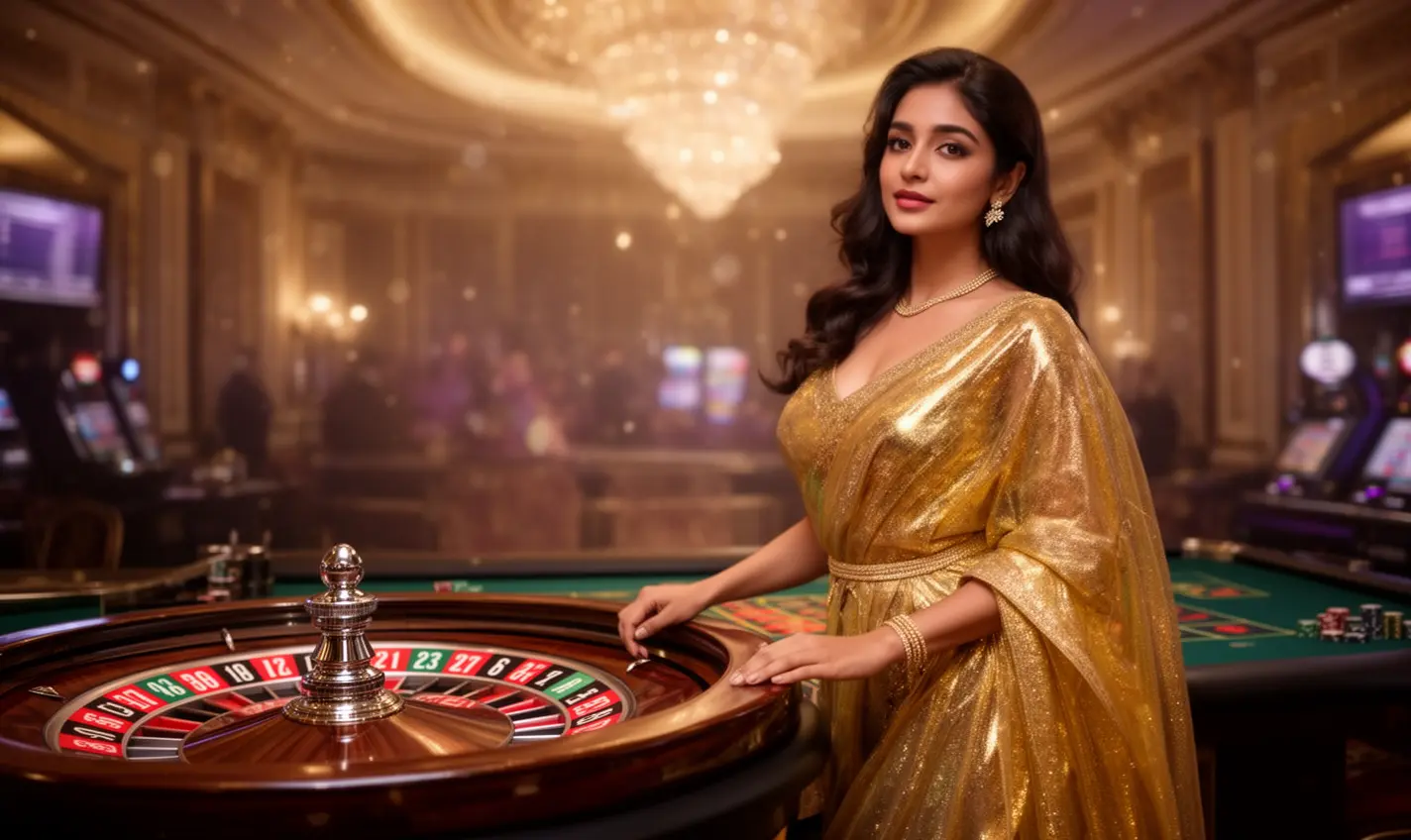 Graceful female model in a gold evening gown near a roulette wheel highlighting the high end casino environment of 82BD for players in Bangladesh