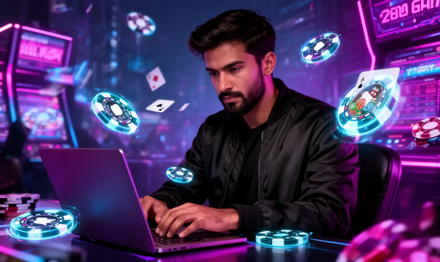 Modern casino gaming atmosphere with digital cards and chips floating around a player using a laptop showcasing online casino games at 82BD for Bangladesh