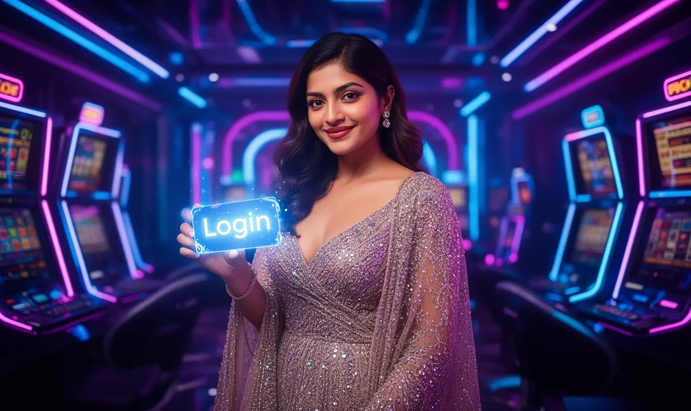 Elegant Bangladeshi woman holding a glowing login card in a vibrant neon casino environment representing secure access at 82BD
