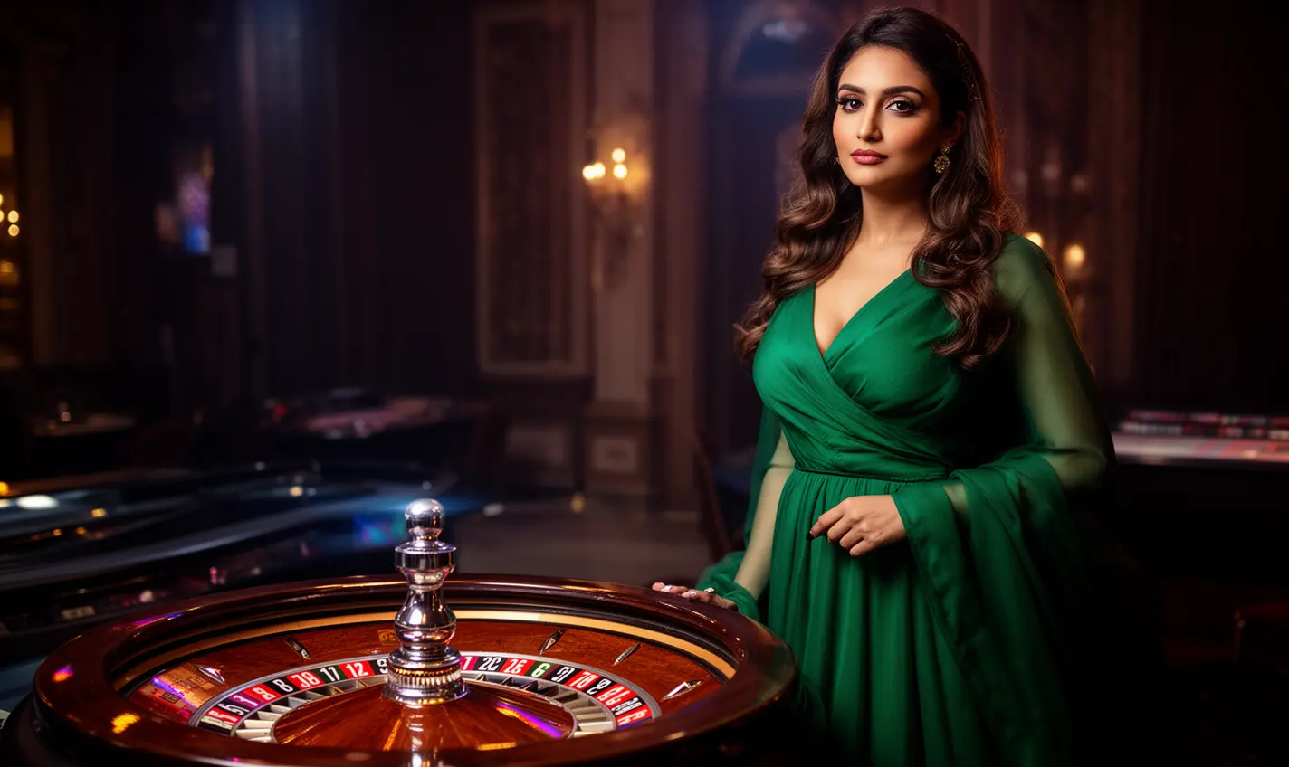 Confident casino player in a luxury green outfit illuminated by a roulette wheel glow representing high energy gaming excitement at 82BD in Bangladesh